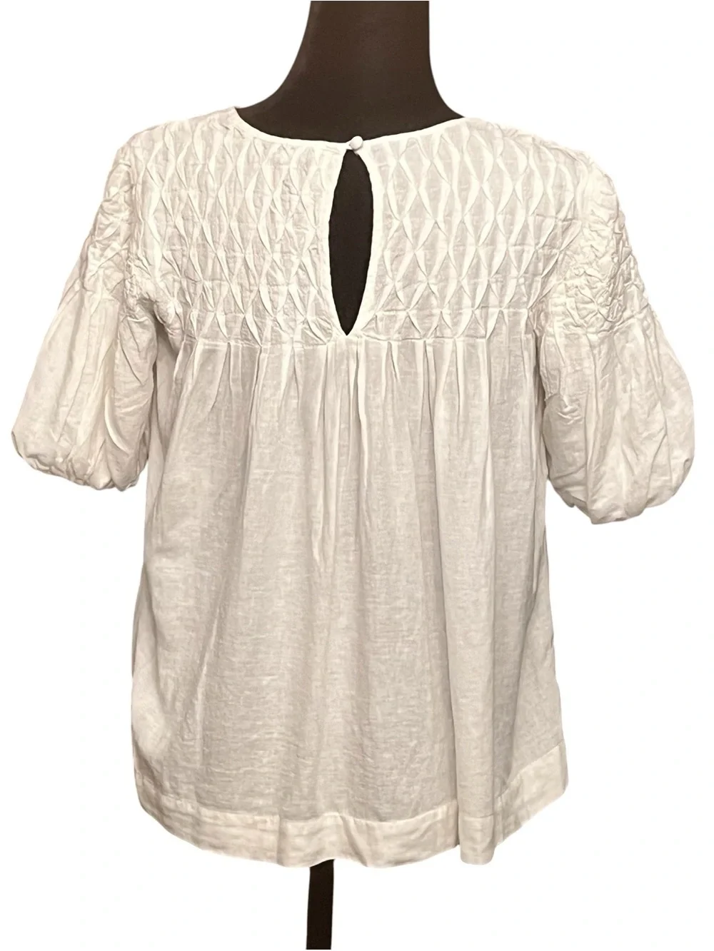 Anthropologie White Smocked Yoke Puff Sleeve Top